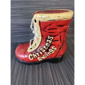 Vintage Enesco Christmas Santas‎ Savings Boot Bank Red 5" X 5" X 2.5"